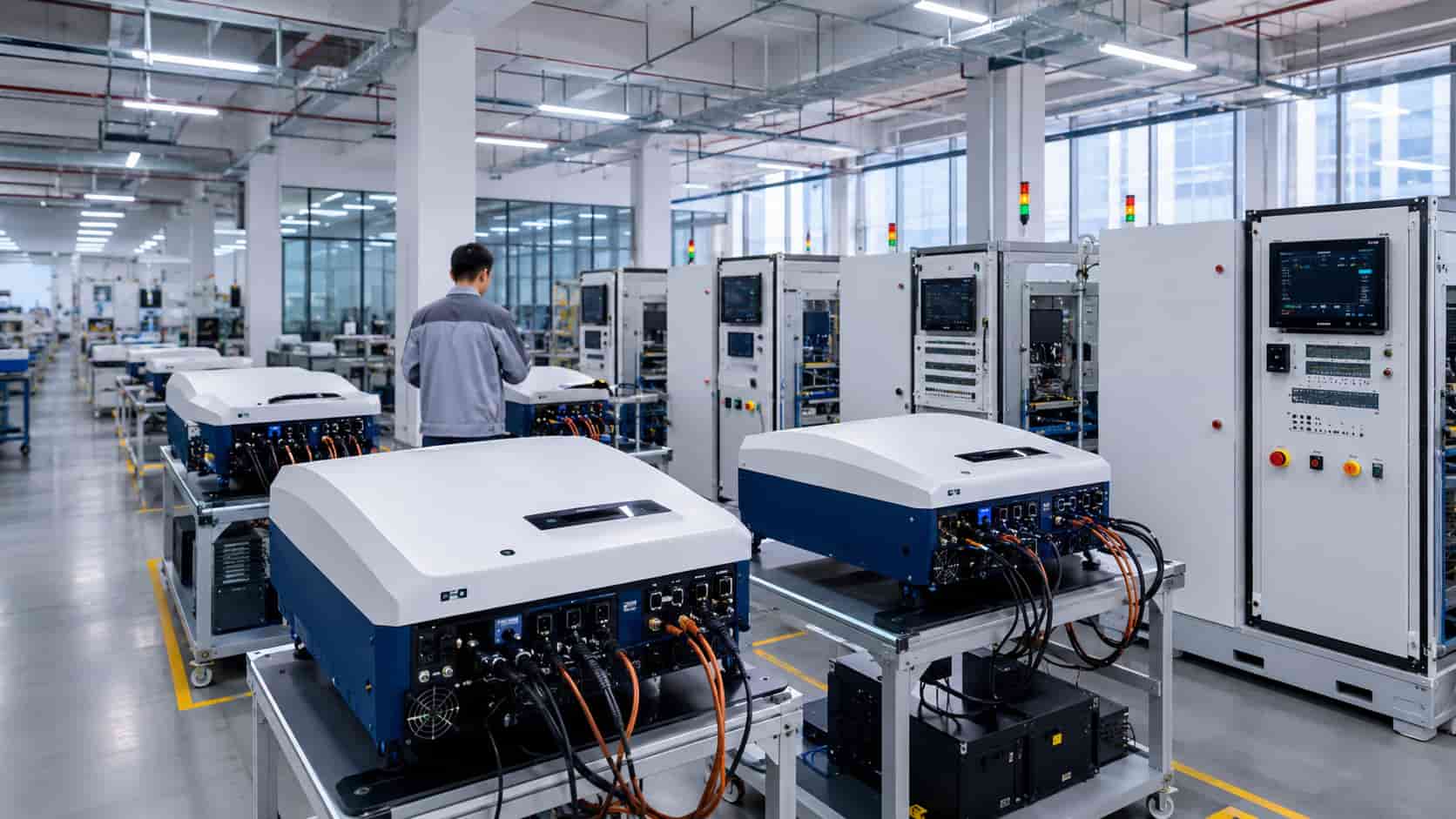 Commercial solar inverters undergoing production testing and quality inspection before export shipment