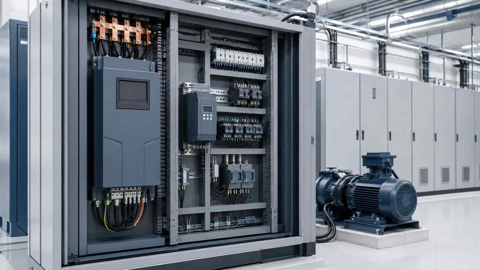 Modern industrial motor control panel integrating a variable frequency drive and soft starter