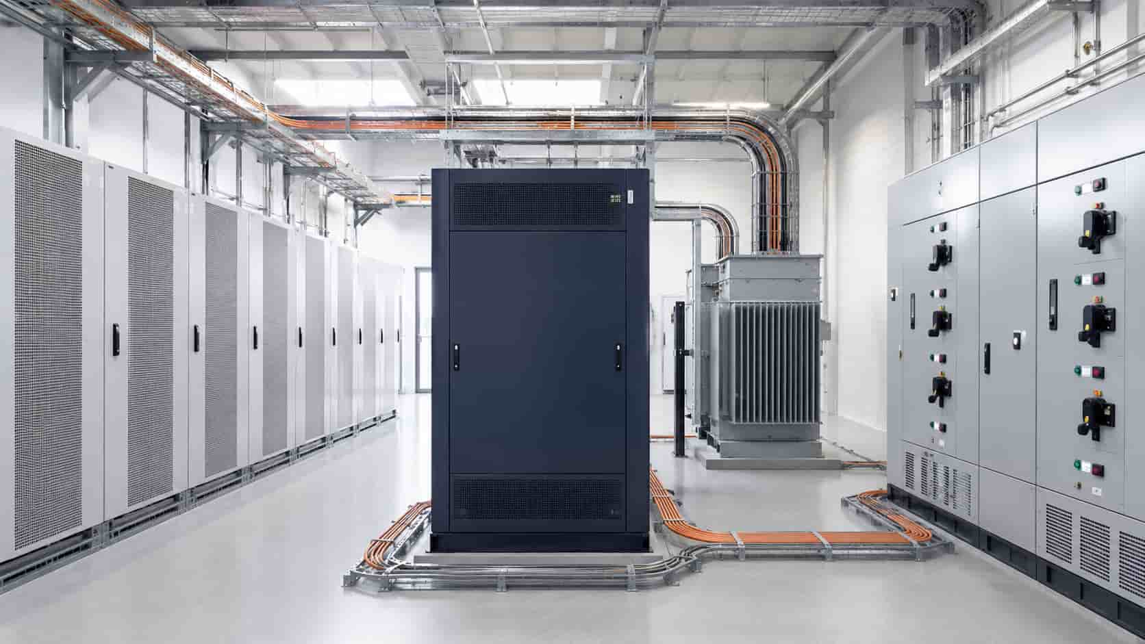 Commercial power conversion system connected to battery racks, switchgear and grid interface equipment