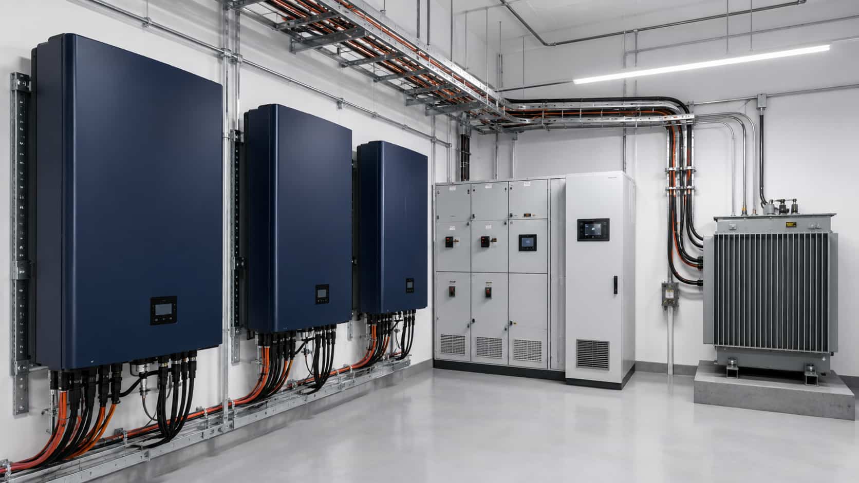 Commercial solar inverter connected through protection switchgear and metering at a utility grid interconnection point
