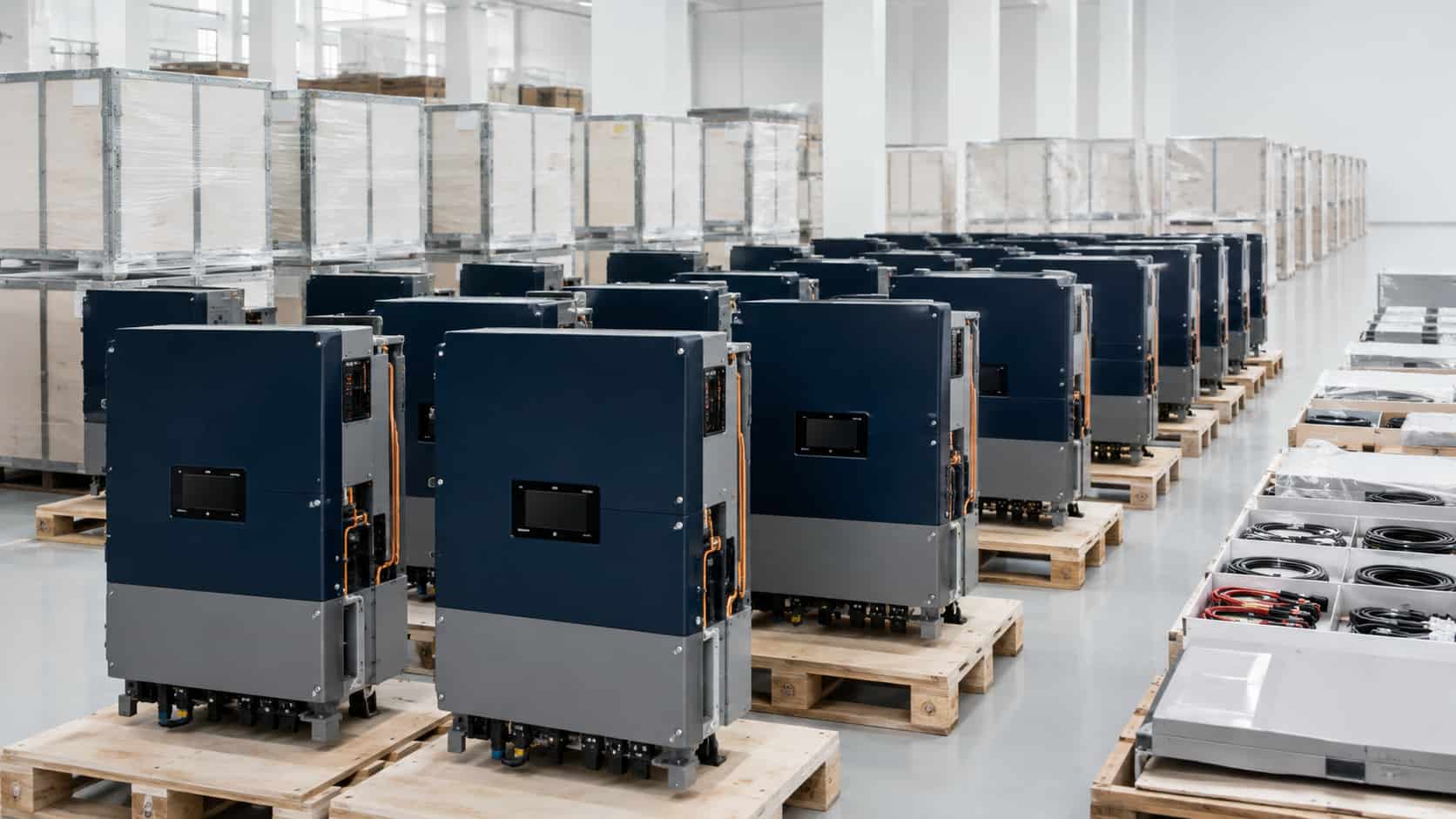 Row of identical solar inverters prepared for multi-site project rollout