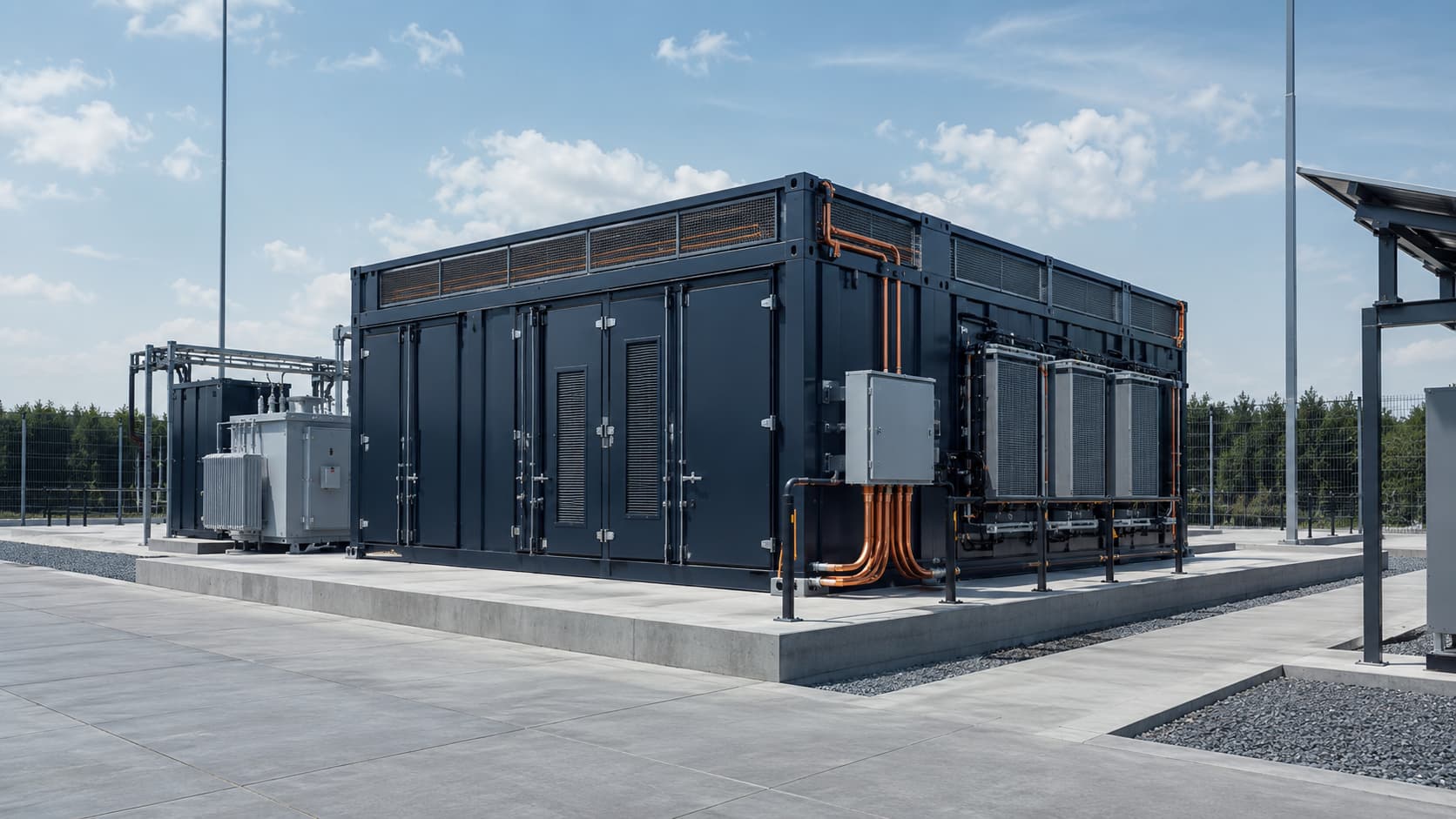 Exterior view of a containerized battery energy storage unit with ventilation and cooling systems