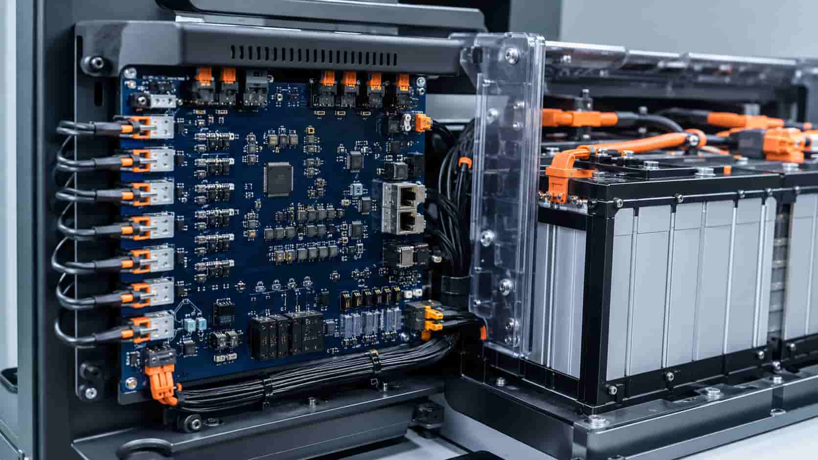 Close-up of a battery management system circuit board monitoring individual cells