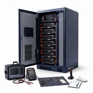 Commercial battery energy storage cabinet undergoing final quality inspection at a BESS manufacturing facility