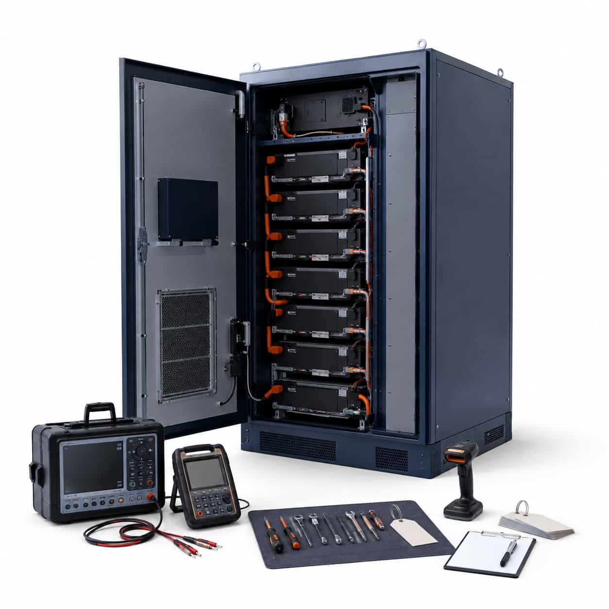 Commercial battery energy storage cabinet undergoing final quality inspection at a BESS manufacturing facility