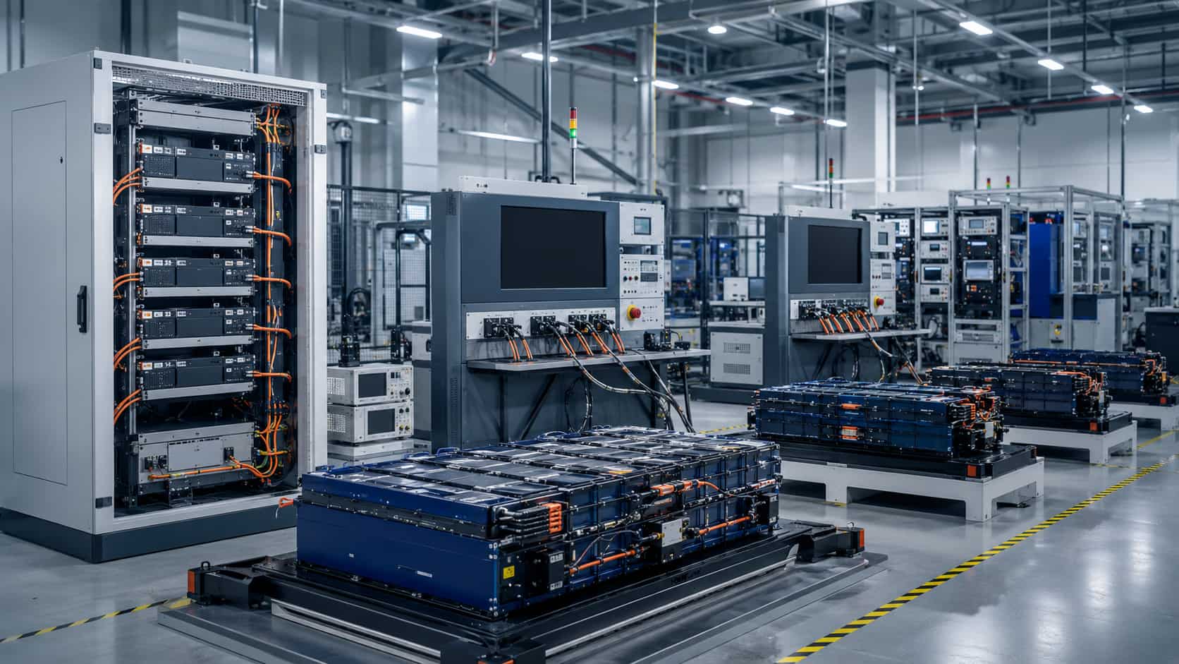 Commercial battery modules and BESS cabinet connected to automated factory acceptance testing equipment