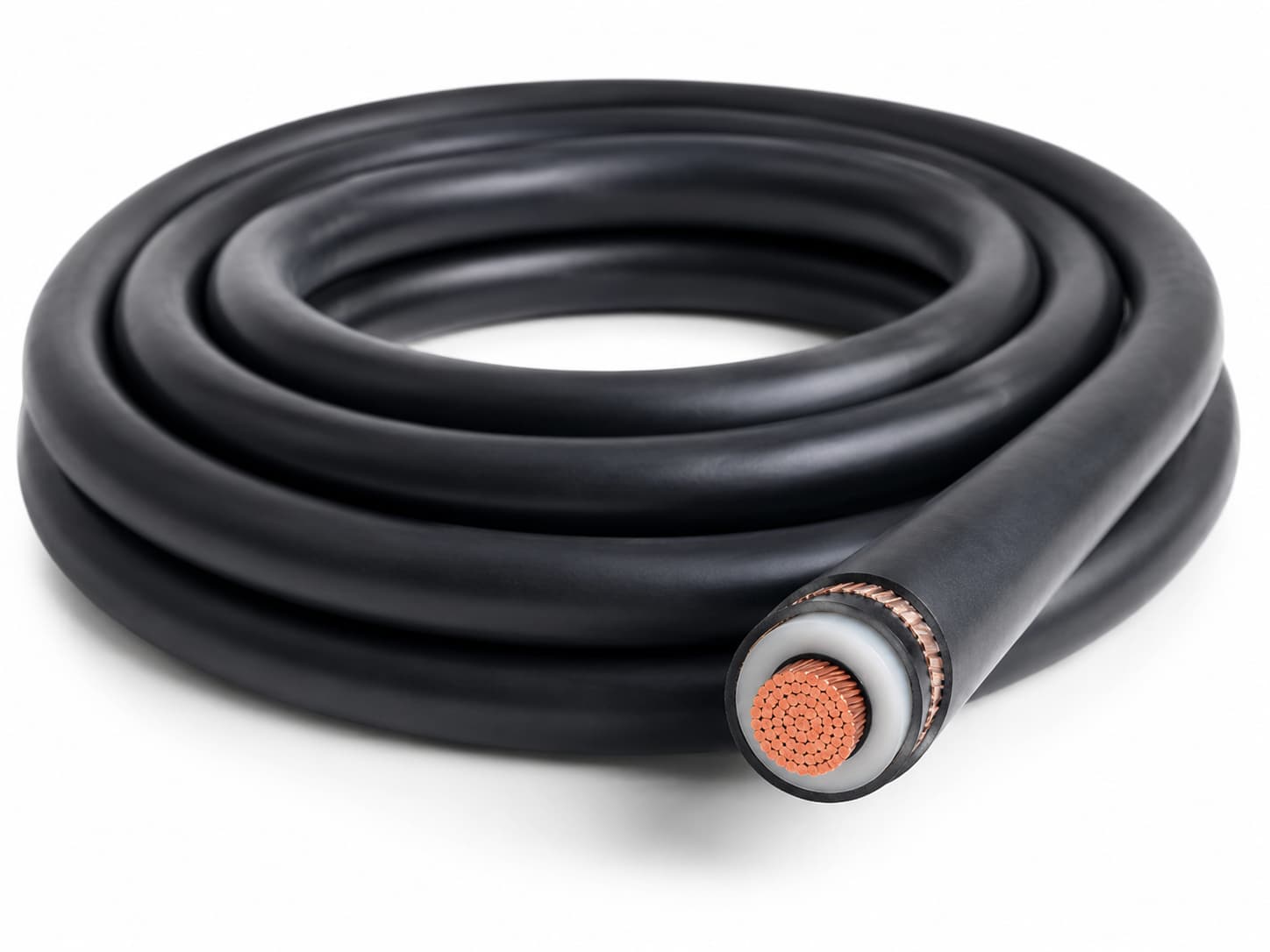 Coiled medium voltage XLPE power cable with thick black outer jacket and exposed stranded copper conductor on white background