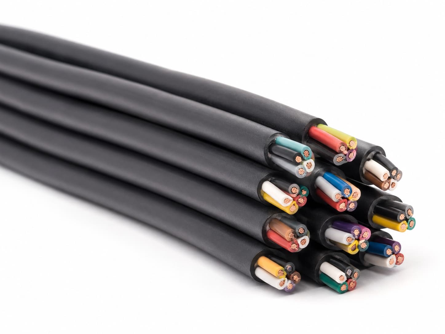Bundle of thin multi-core control cables with black outer jackets, color-coded insulated cores and exposed copper conductors on white background