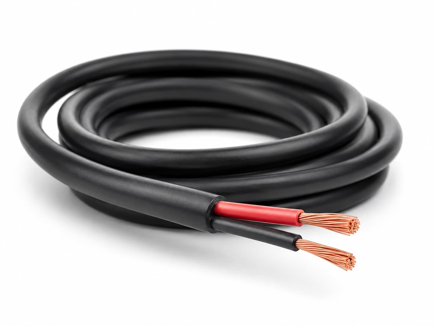 Coiled low voltage power cable with black PVC jacket, red and black insulated cores, and exposed stranded copper conductors on white background