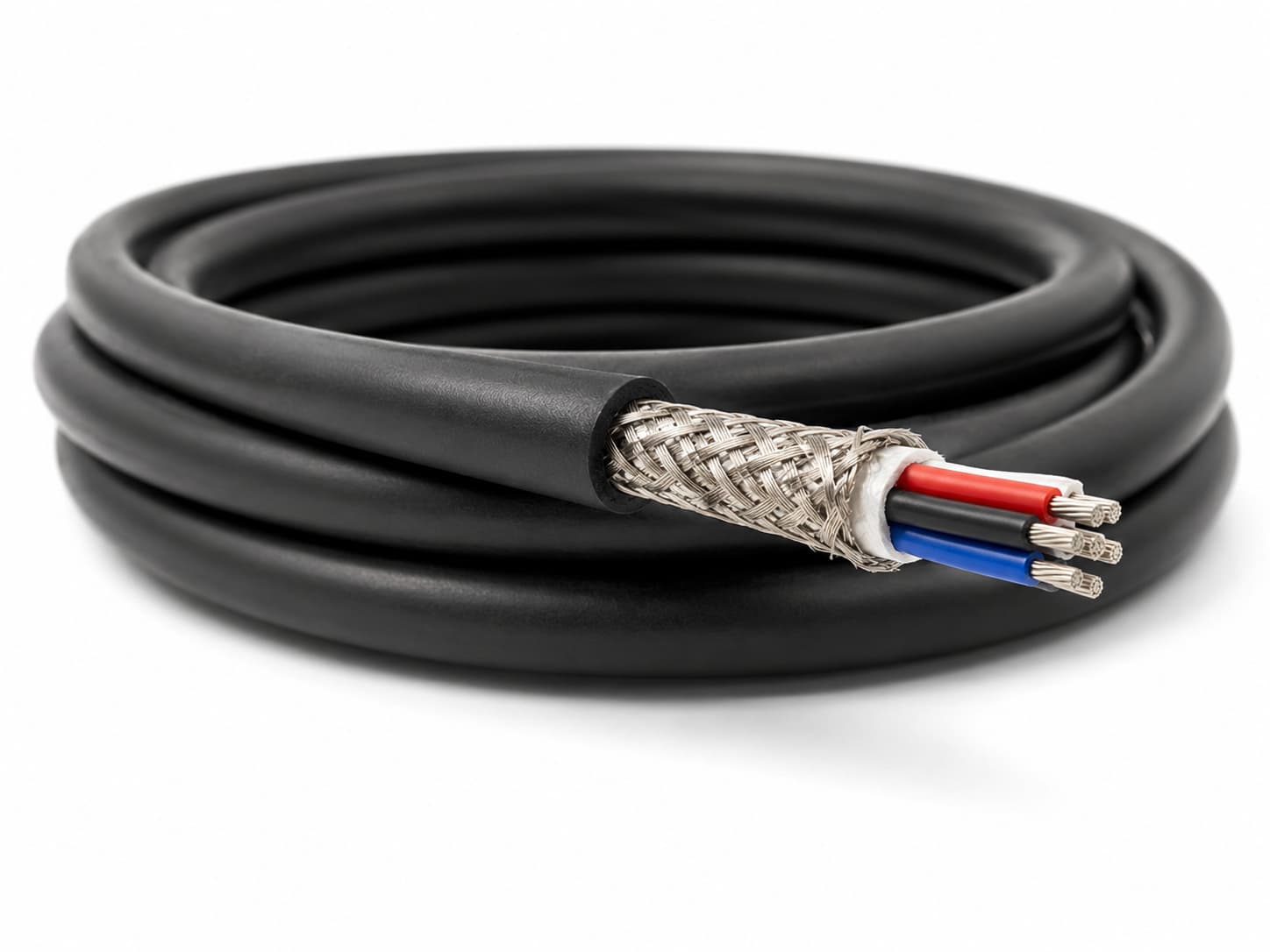 Coiled shielded instrumentation cable with black outer jacket, visible braided metal shielding and color-coded insulated conductors on white background