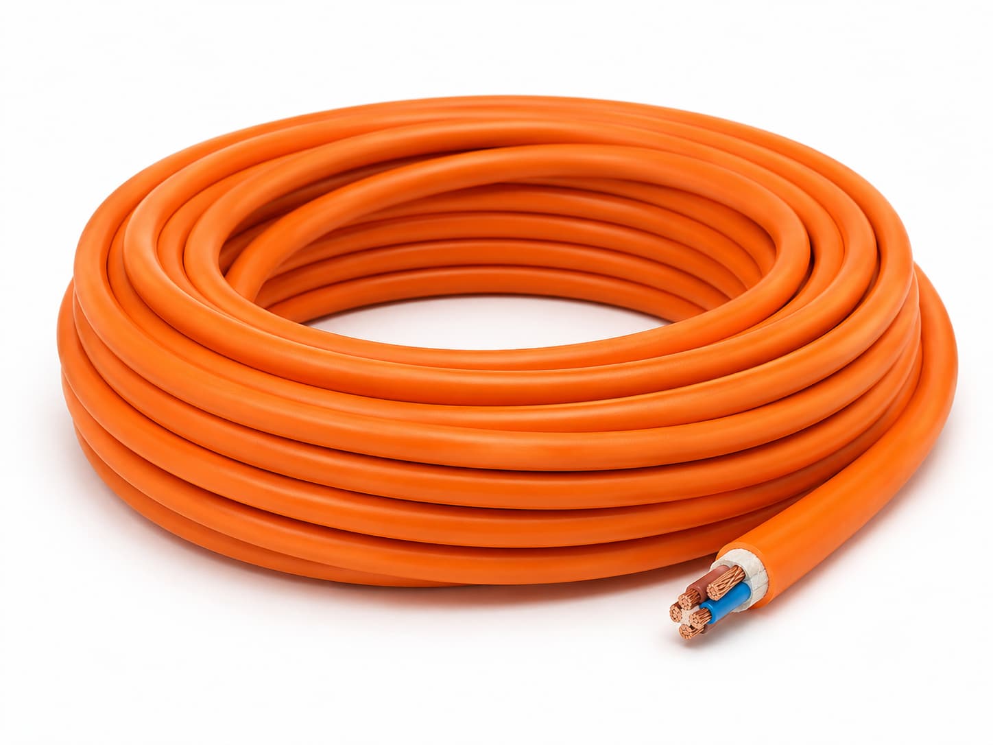 Coiled orange fire-resistant LSZH cable with exposed copper conductors and color-coded insulated cores on white background