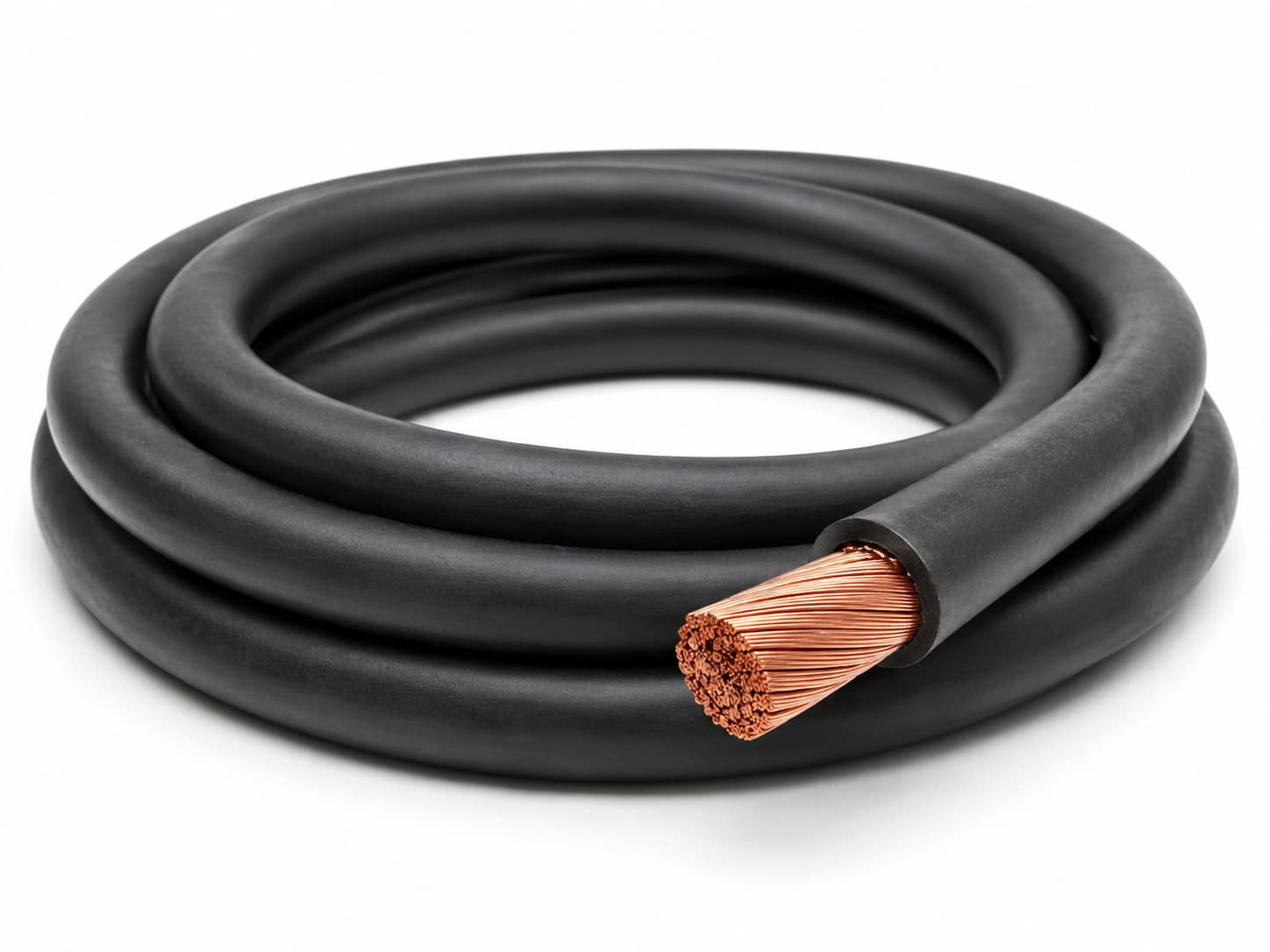 Thick coiled battery interconnect cable with black insulation and exposed flexible stranded copper conductor on white background