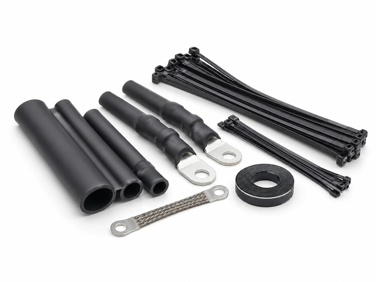 Cable termination accessories including heat-shrink tubes, cable lugs, grounding braid, sealing tape and black cable ties on white background