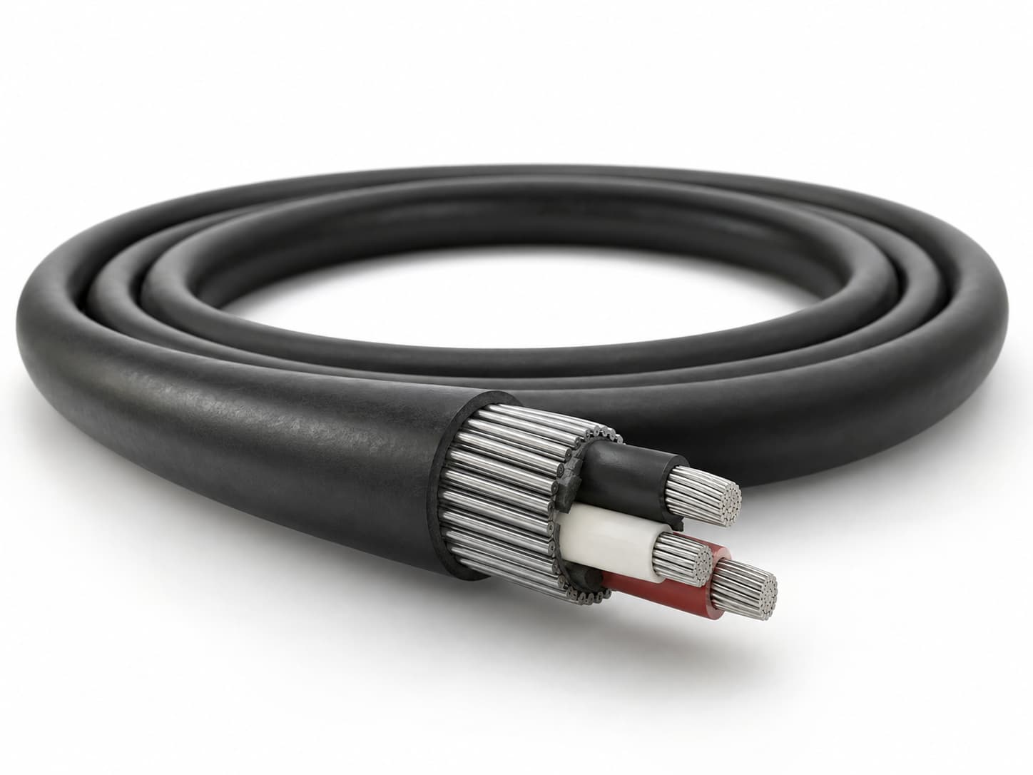 Coiled armored power cable with black outer jacket, visible steel wire armor layer and multi-core insulated conductors on white background
