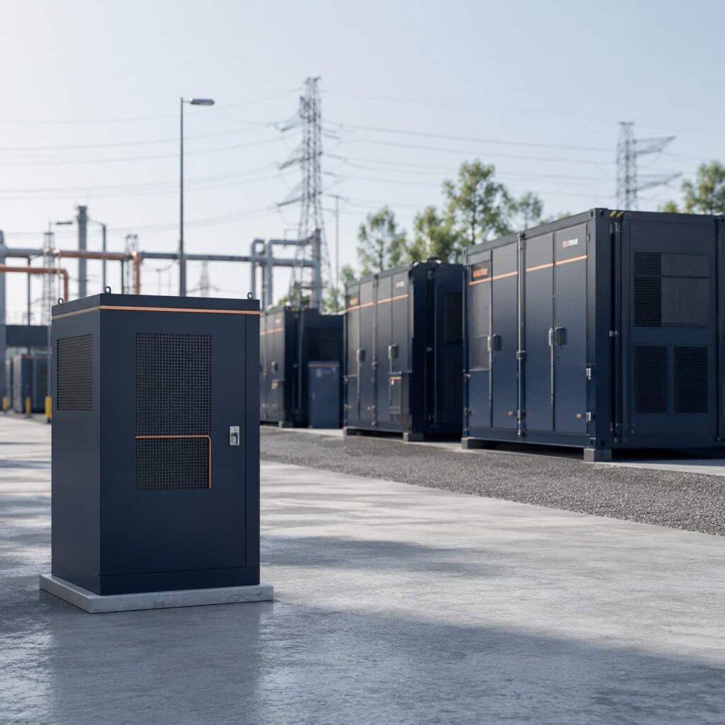 Commercial battery storage cabinet beside utility-scale containerized energy storage units showing differences in system scale and deployment