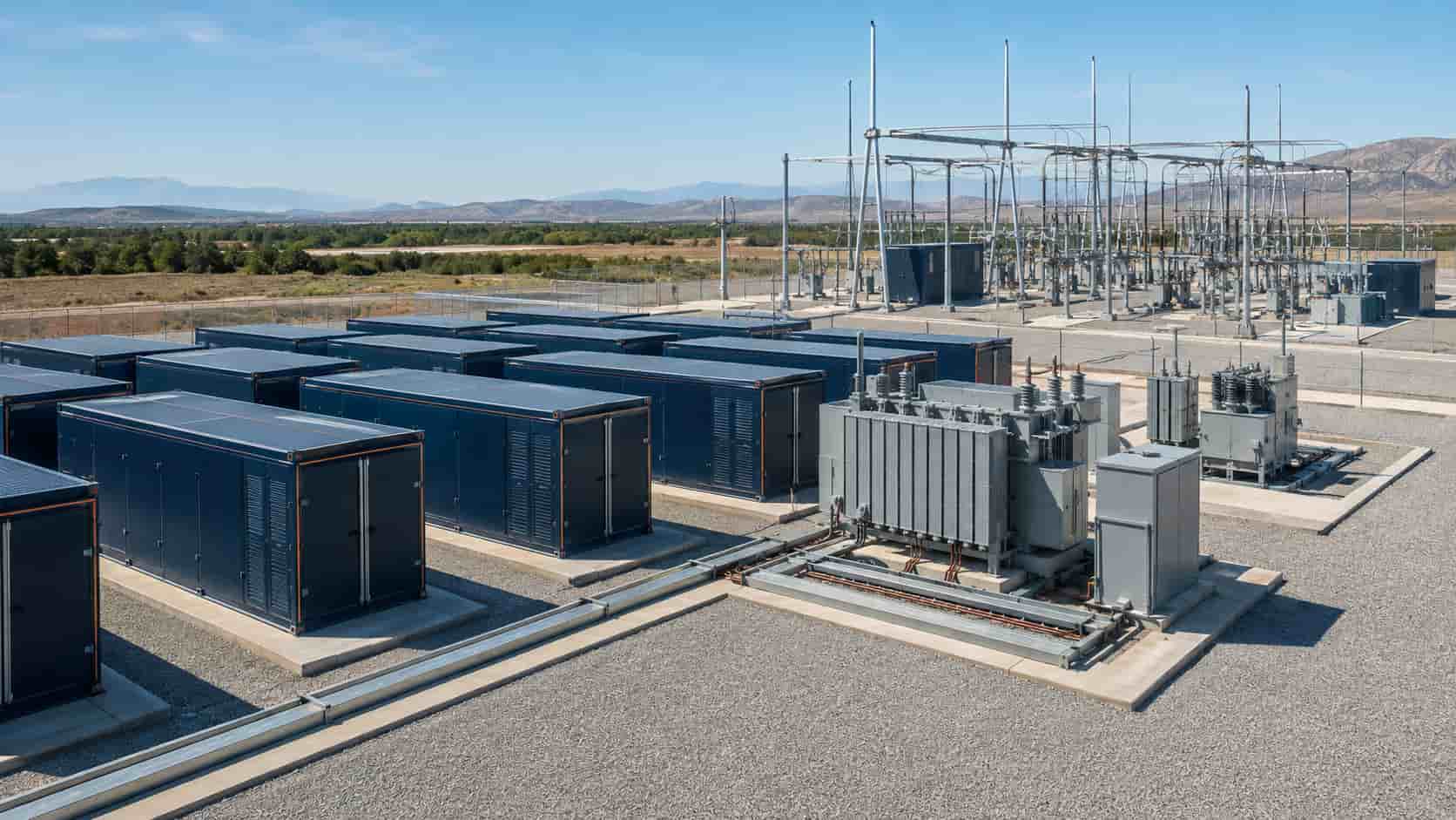 Modern utility-scale battery energy storage site with containerized BESS units, transformers and high-voltage grid interconnection equipment
