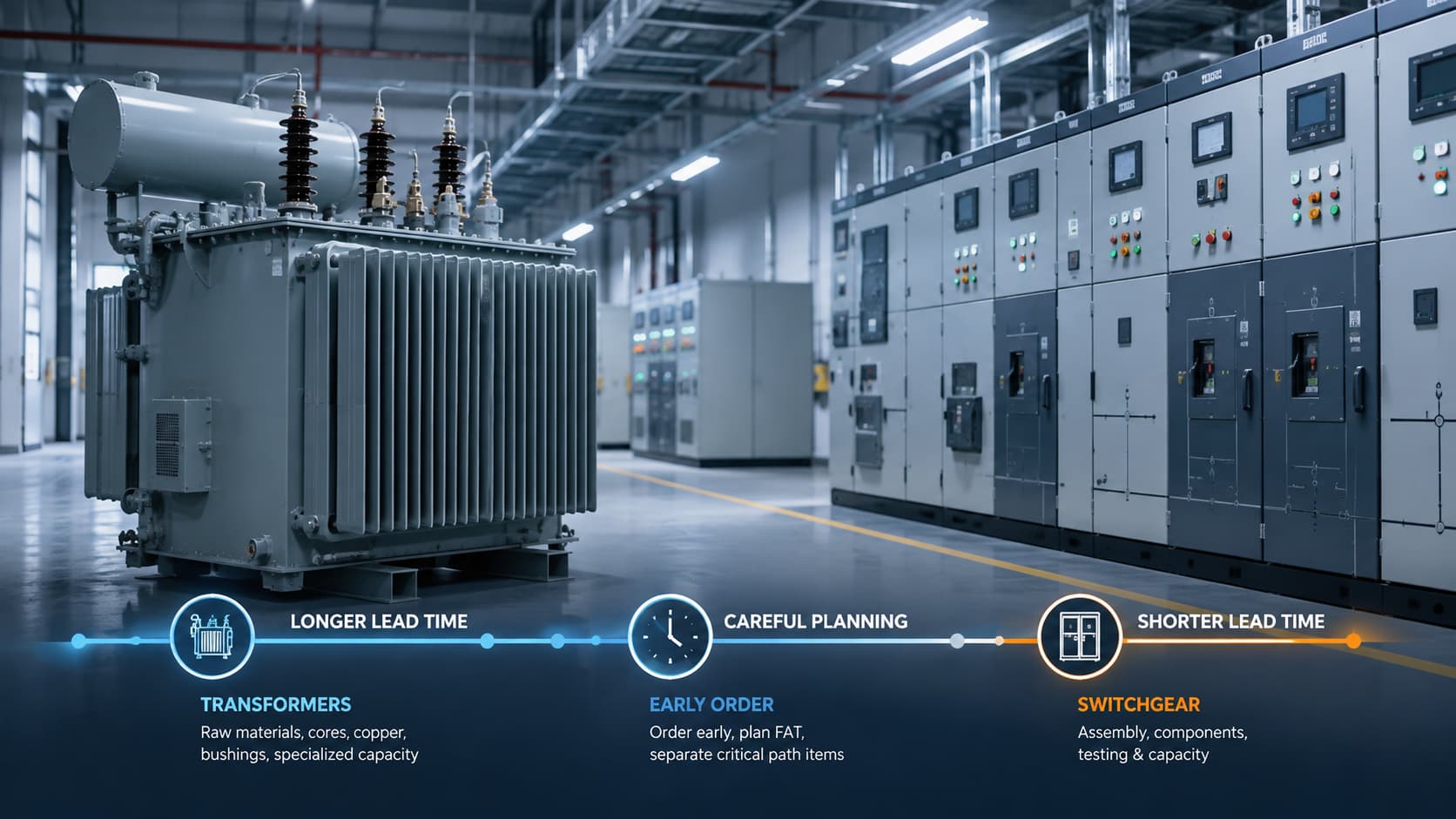 Oil-immersed transformer and medium voltage switchgear illustrating lead time planning for EPC projects
