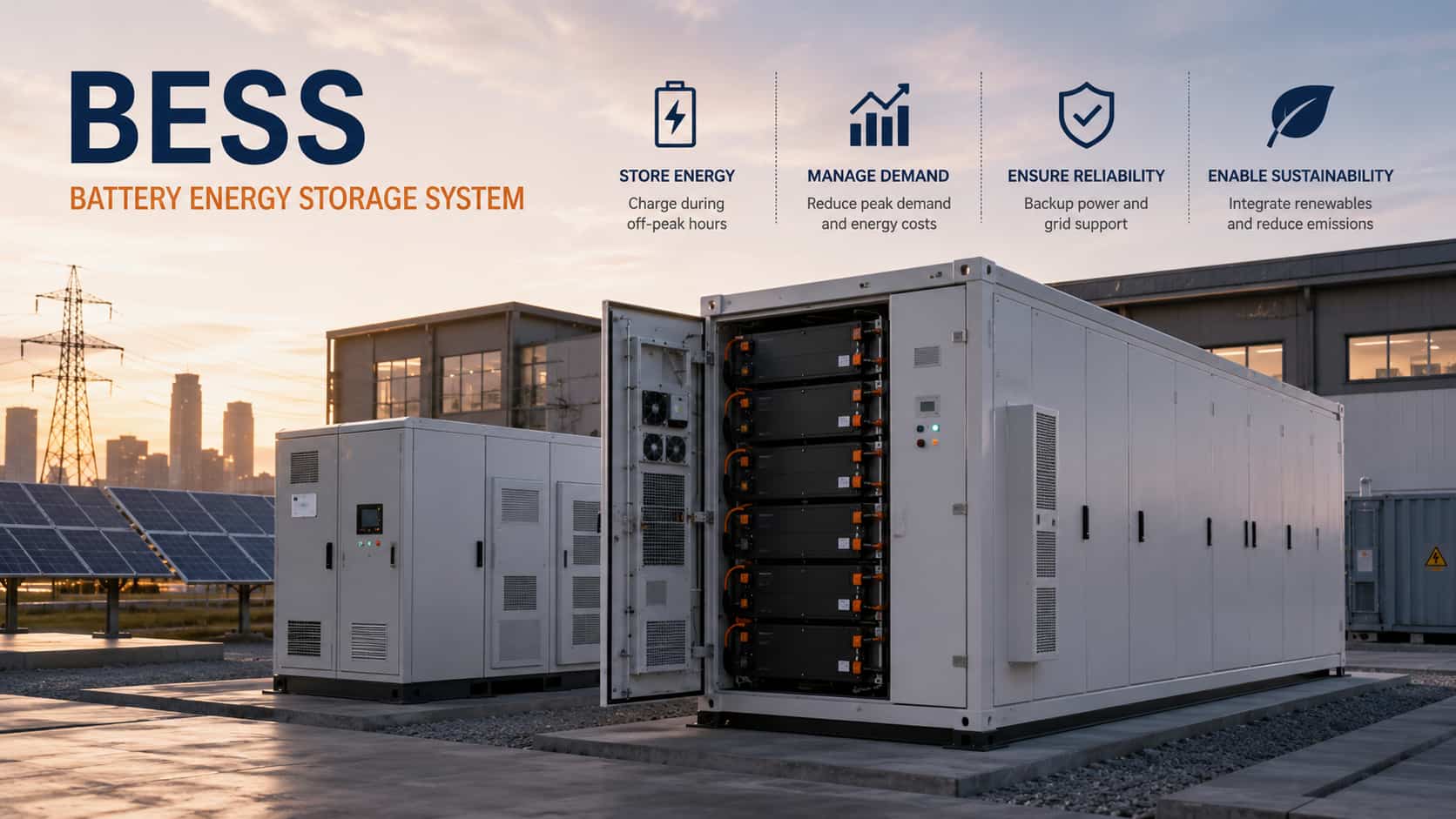 Commercial battery energy storage system with modular lithium battery cabinets, PCS equipment and solar power integration