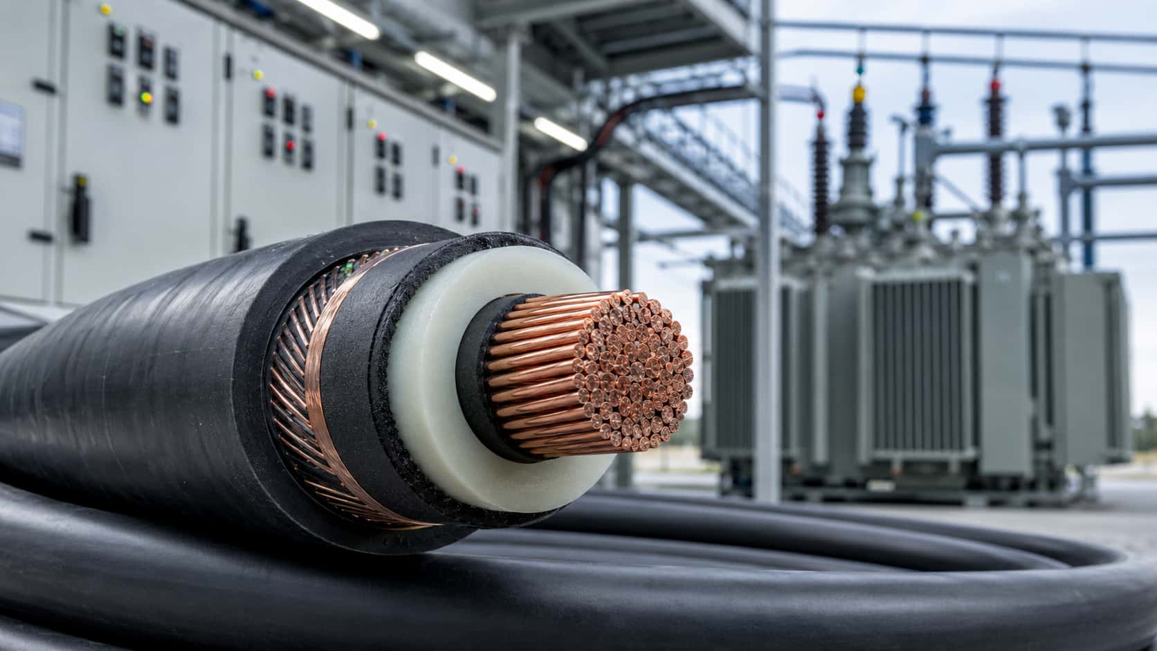 XLPE insulated power cable cross-section with copper conductor installed in a modern power distribution facility