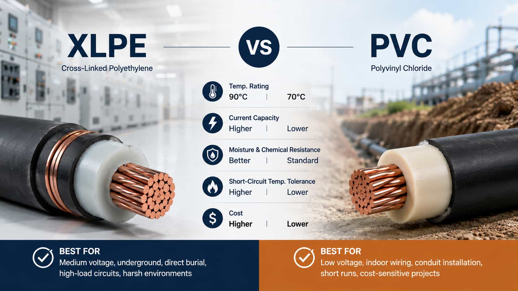 XLPE and PVC insulated power cables compared by temperature rating, current capacity, environmental resistance and application