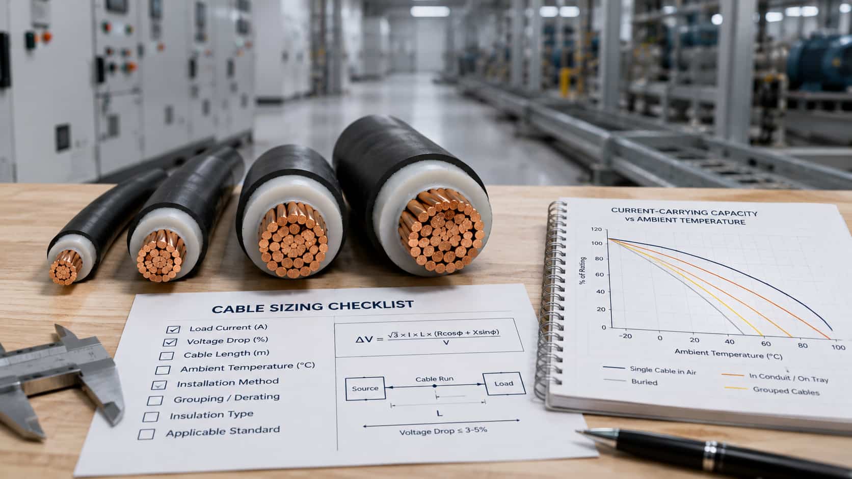 Power cables of different cross-sectional sizes with cable sizing checklist, voltage drop calculation and ambient temperature derating chart