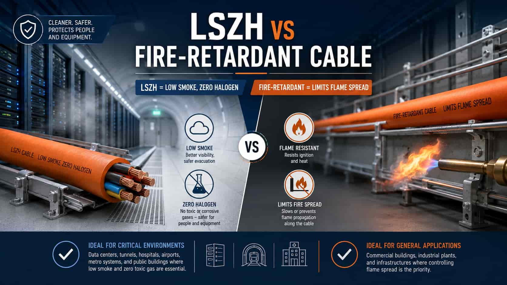 LSZH and fire-retardant power cables compared by smoke emissions, halogen content and flame-spread performance