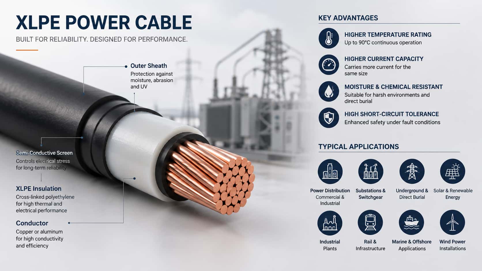XLPE power cable structure diagram showing copper conductor, insulation layers, key performance advantages and typical power distribution applications