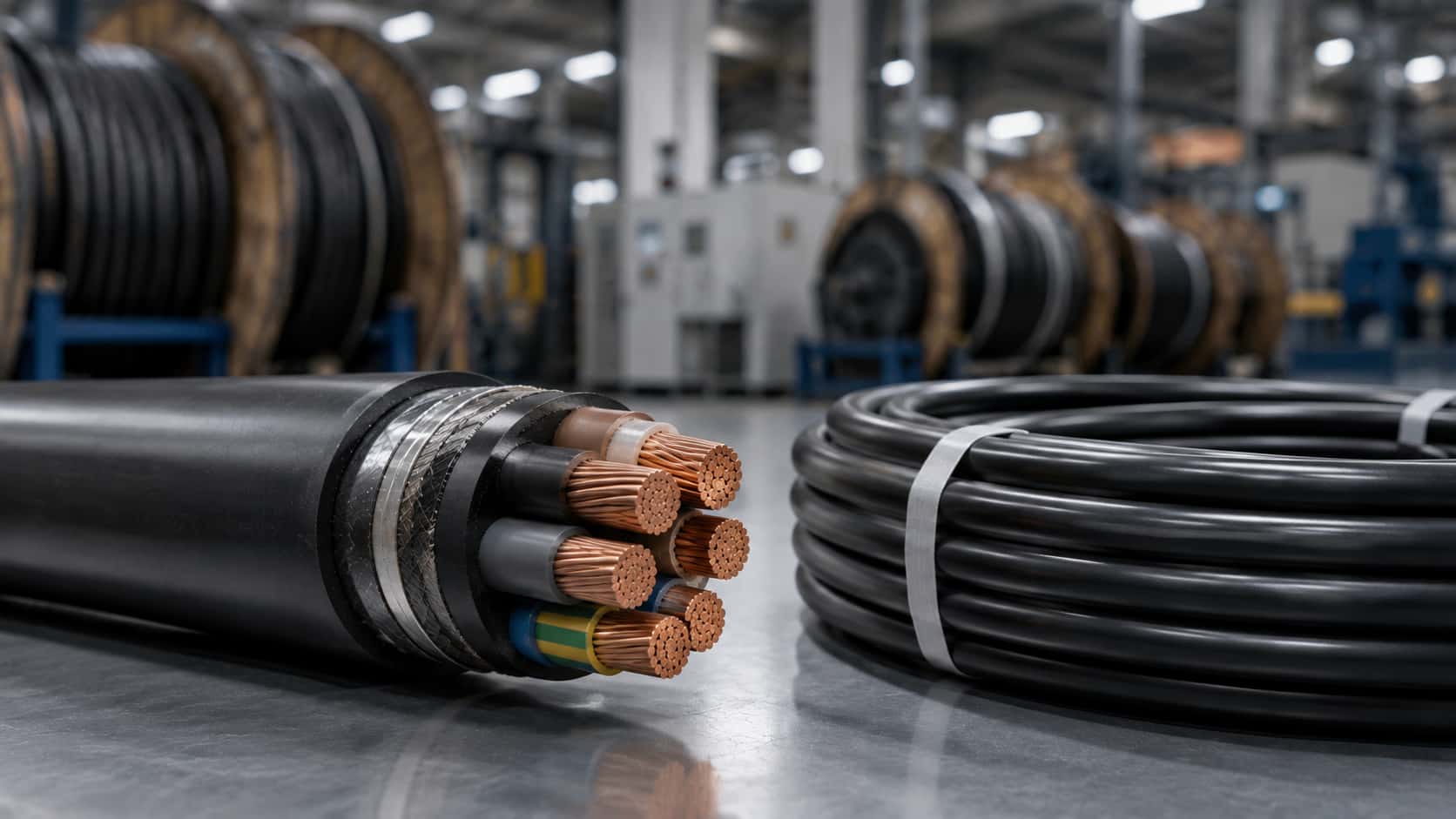 Multi-core industrial power cable with exposed copper conductors and coiled cable inside a modern cable manufacturing facility