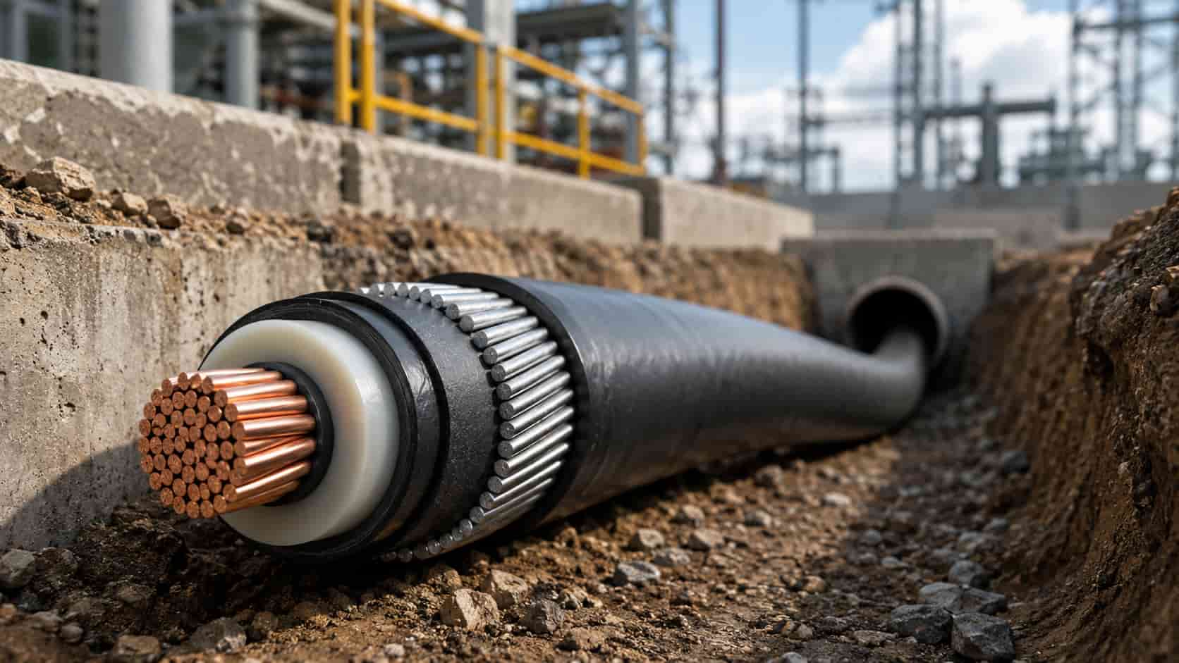 Steel wire armored power cable with exposed copper conductor and armor layer installed in an industrial underground trench