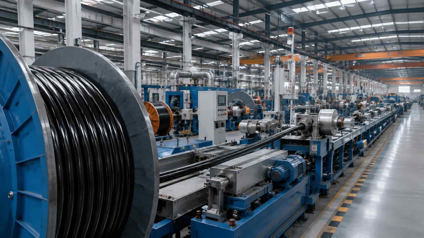 Modern power cable manufacturing production line with large cable reels and automated factory equipment