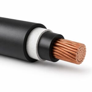 Power cable showing worn insulation and exposed copper conductor close-up photo