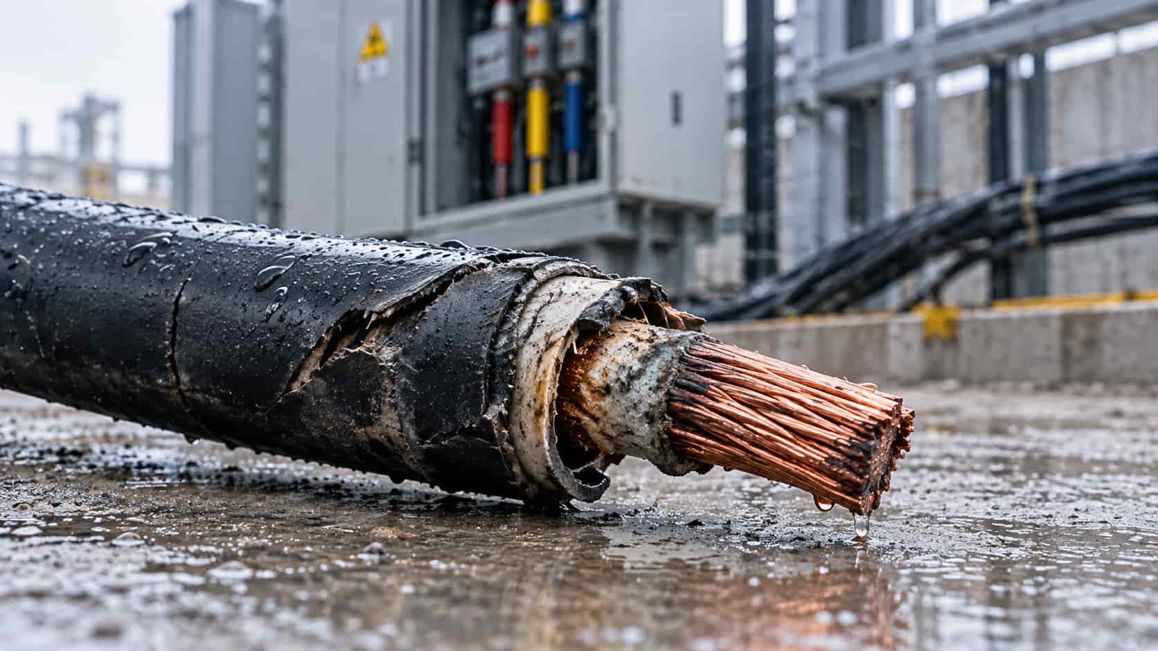 Damaged industrial power cable with torn insulation, exposed copper conductor and signs of moisture ingress