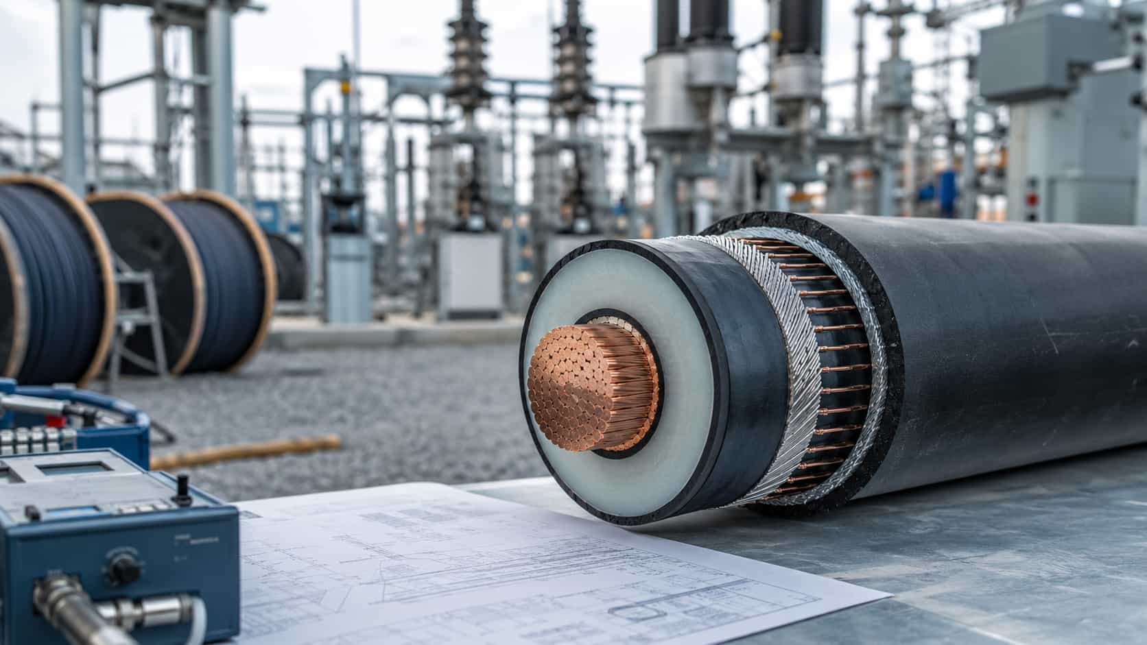 Medium voltage XLPE power cable cross-section with copper conductor, insulation layers and metallic screen in a substation engineering setting