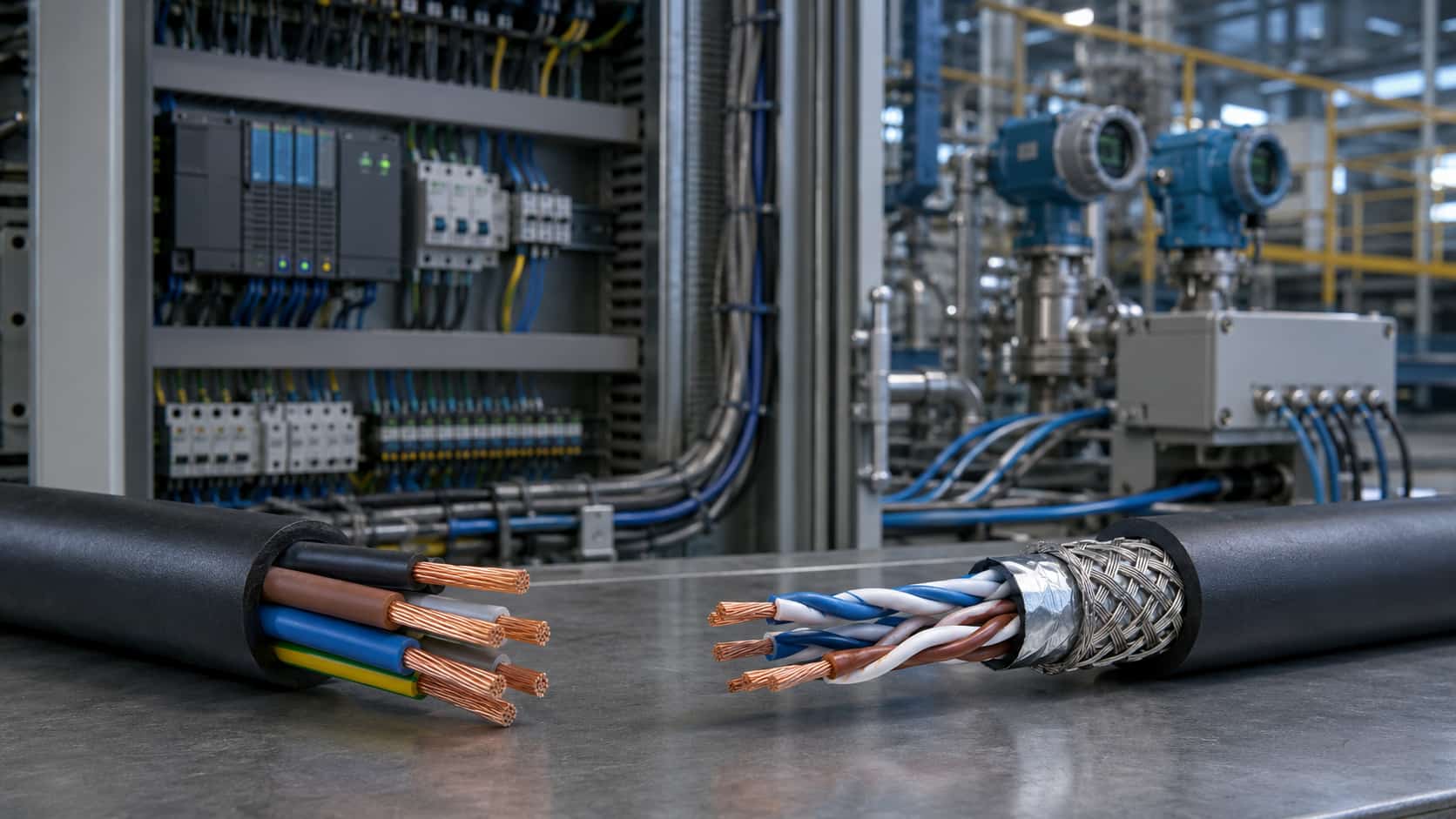 Control cable and shielded instrumentation cable with exposed conductors installed beside an industrial automation control panel