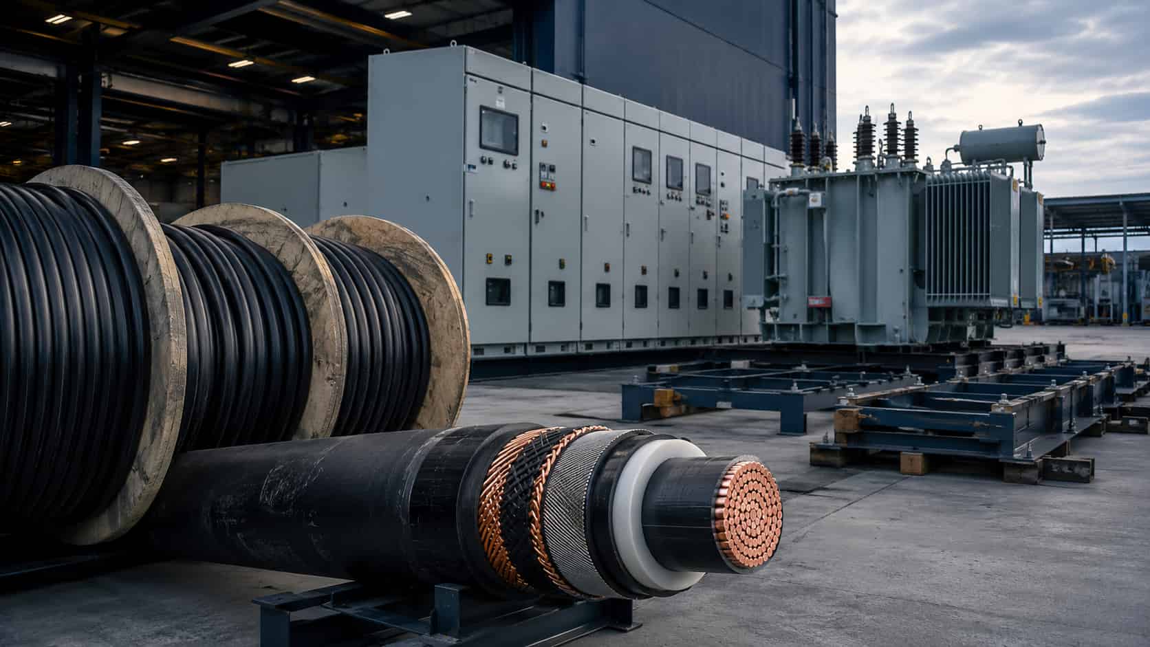Large power cable reels and XLPE cable cross-section positioned beside switchgear and transformer equipment for coordinated EPC project delivery