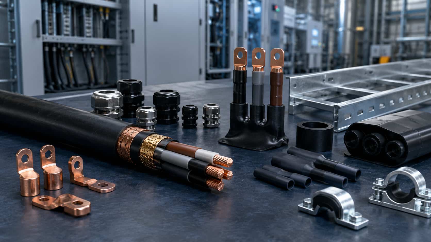 Power cable termination accessories including copper lugs, cable glands, heat-shrink kits and cable tray components in an industrial installation setting