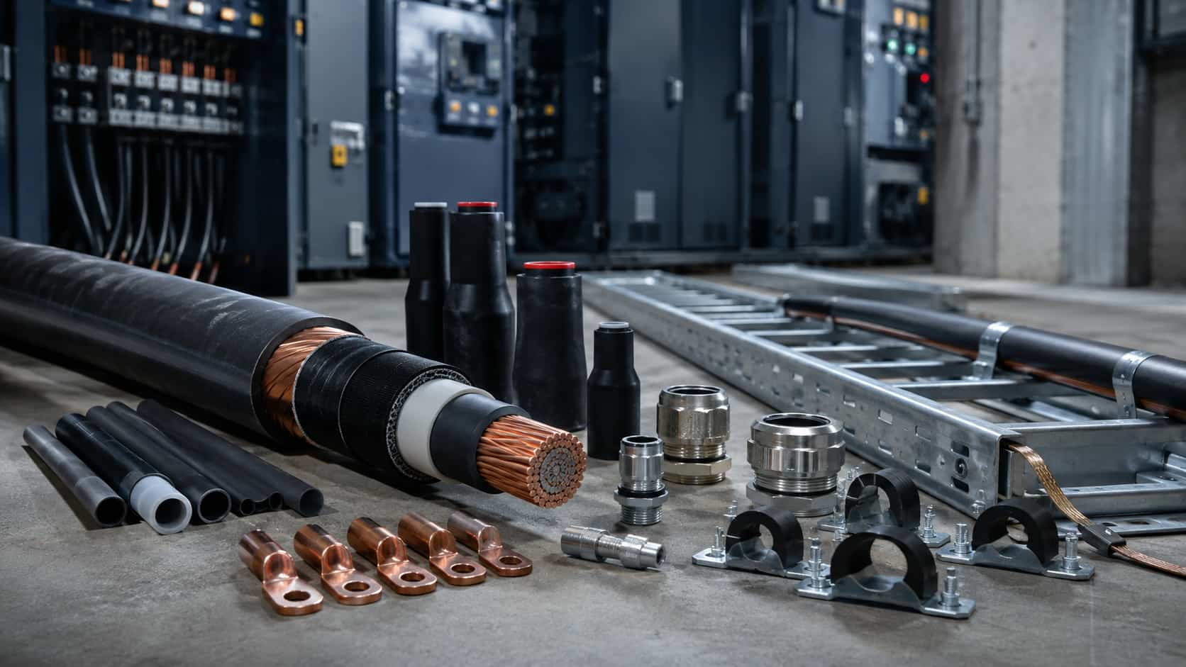 Medium voltage power cable with cable lugs, glands, termination kits, cleats and cable tray accessories in an industrial switchgear installation