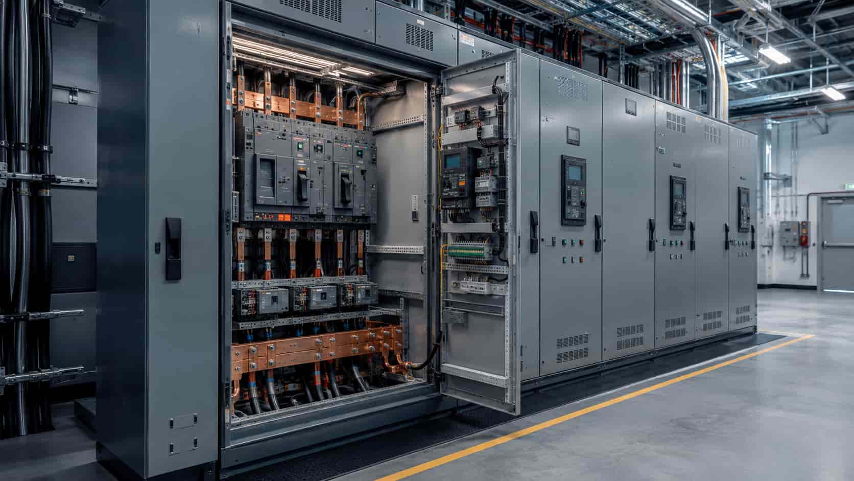Modern low voltage switchgear with open cabinet showing circuit breakers, copper busbars, protection devices and control components