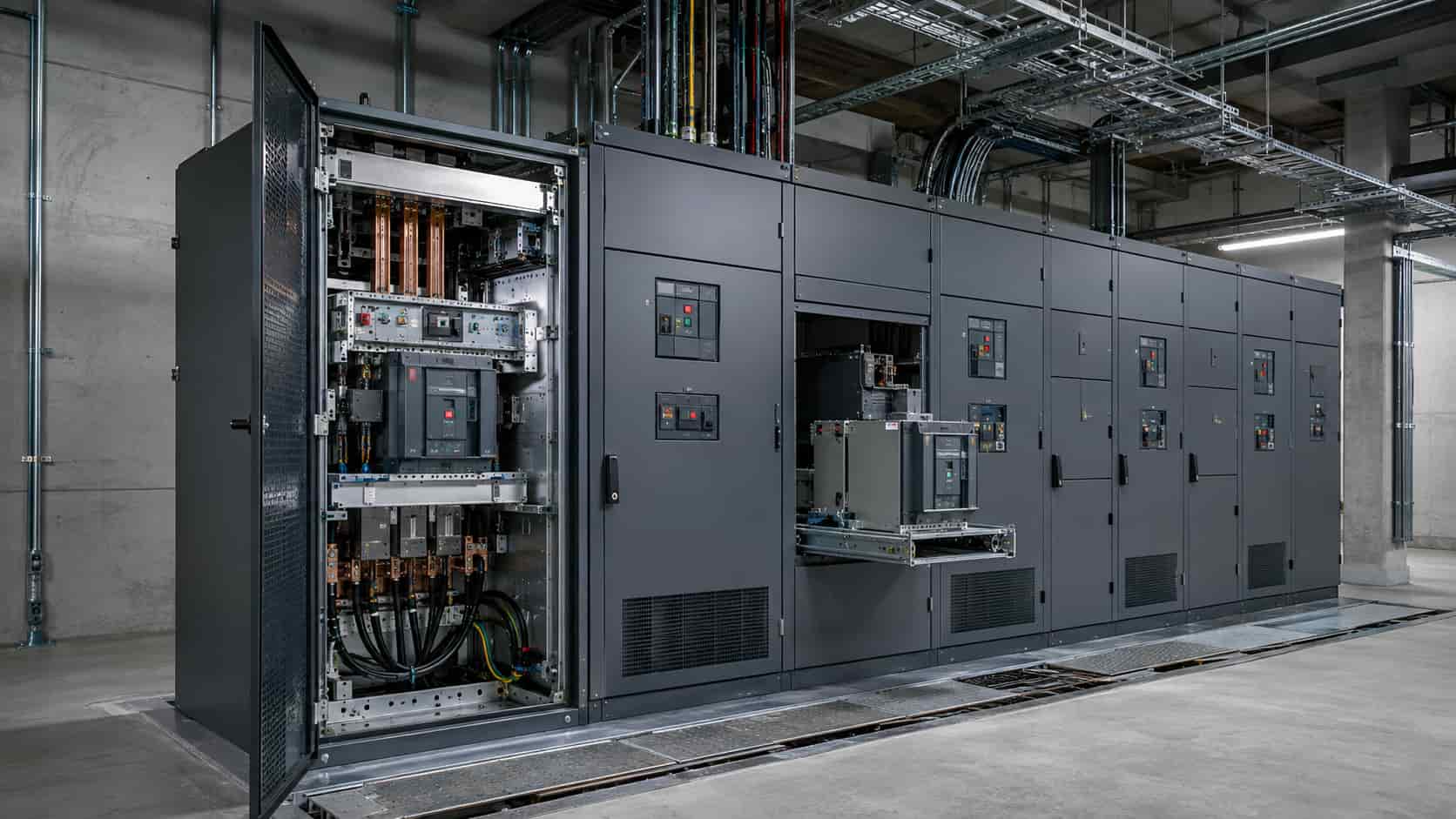 Modern medium voltage metal-clad switchgear with withdrawable circuit breakers, protection controls and cable connections in an electrical room