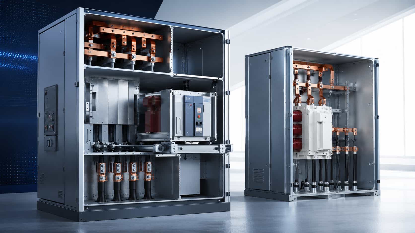 Metal-clad and metal-enclosed switchgear comparison showing compartment barriers, withdrawable circuit breaker, copper busbars, and cable termination sections