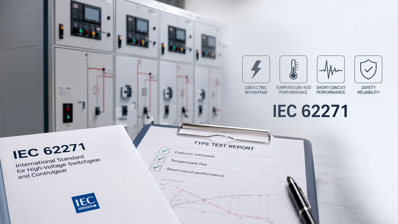 IEC 62271 type-tested medium voltage switchgear with dielectric withstand, temperature-rise, and short-circuit test report