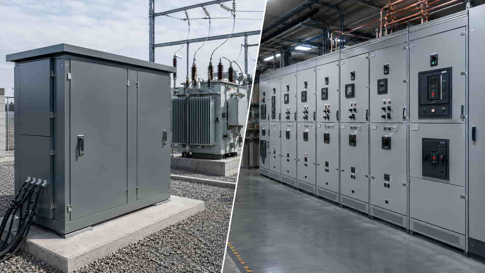 Ring main unit and traditional metal-clad switchgear shown side by side, comparing compact outdoor distribution equipment with modular indoor switchgear lineup