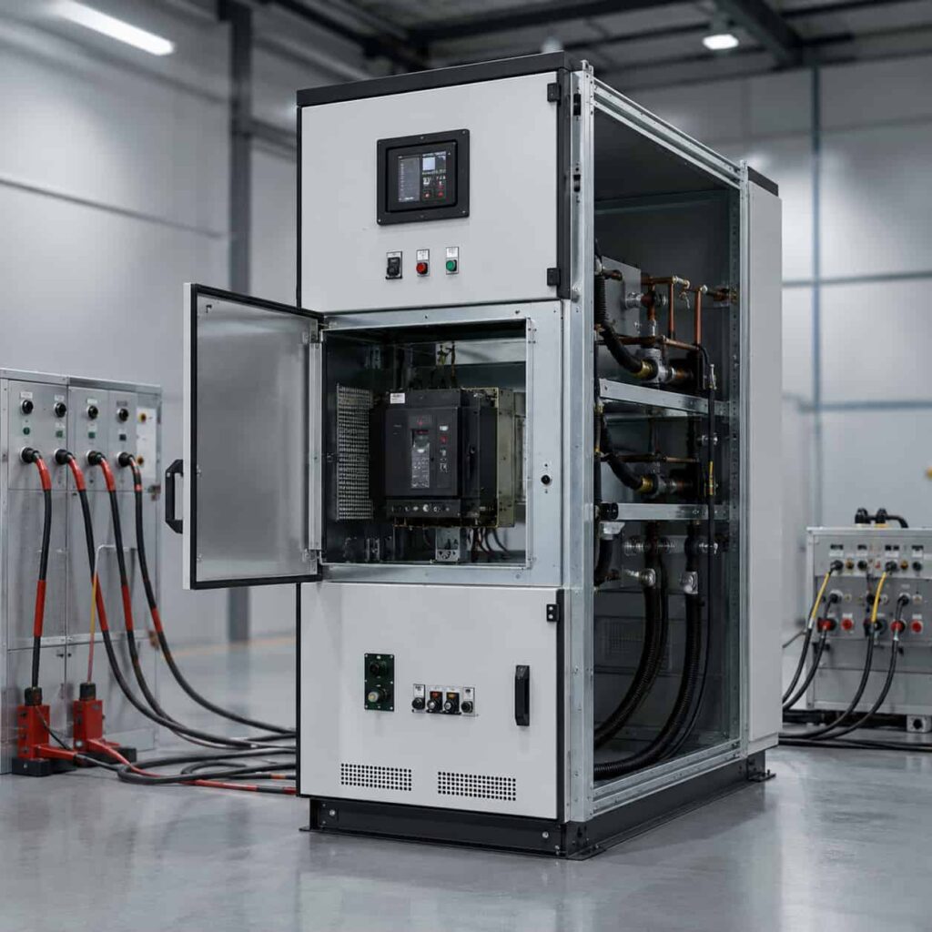 Modern switchgear cabinet staged for factory testing product photo