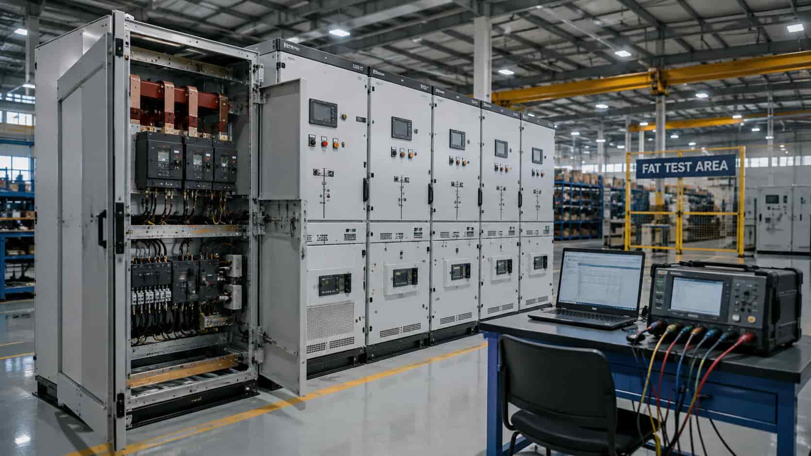 Modern switchgear factory testing area with medium voltage switchgear cabinets, open internal components and electrical test equipment
