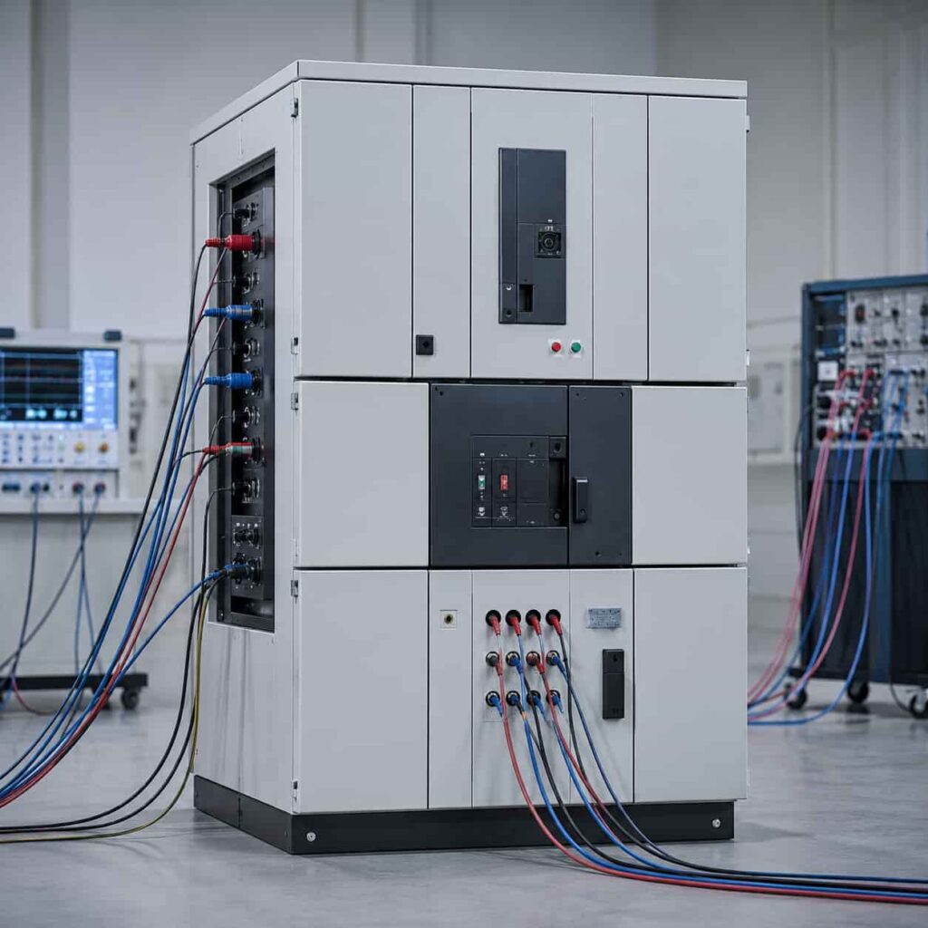 Modern switchgear cabinet during factory acceptance testing product photo