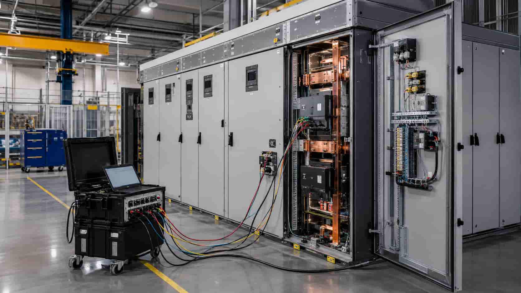 Medium voltage switchgear undergoing factory acceptance testing with connected test equipment, open compartments and visible copper busbars