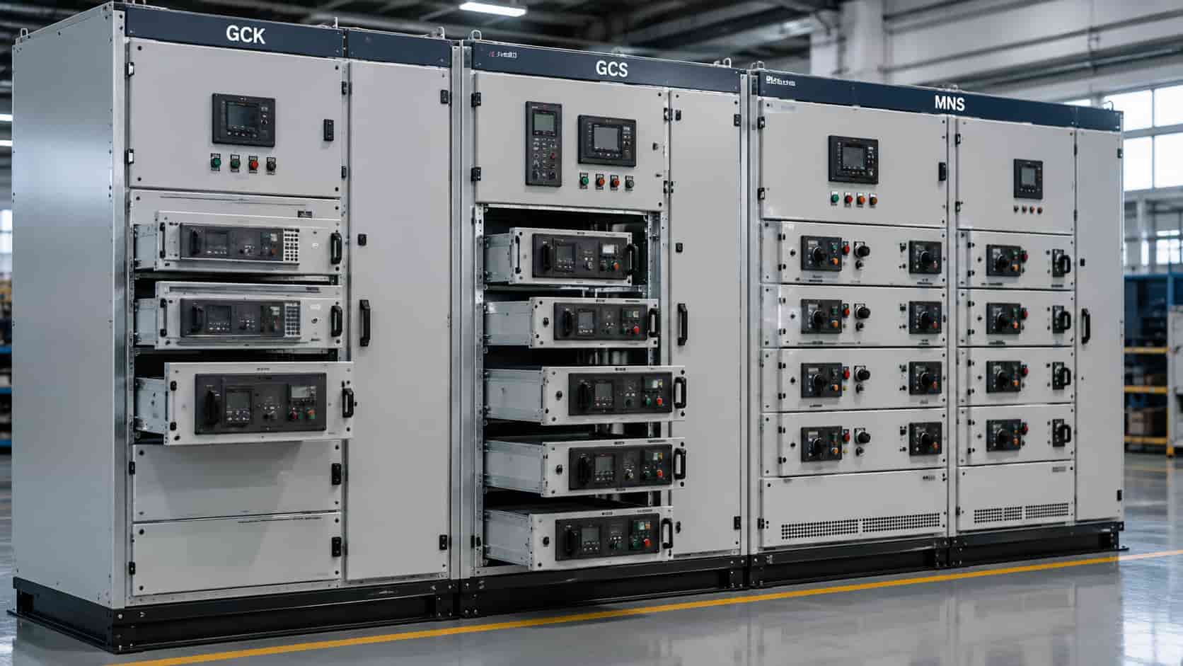 GCK, GCS and MNS low voltage withdrawable switchgear panels with modular drawer units in a modern electrical equipment factory