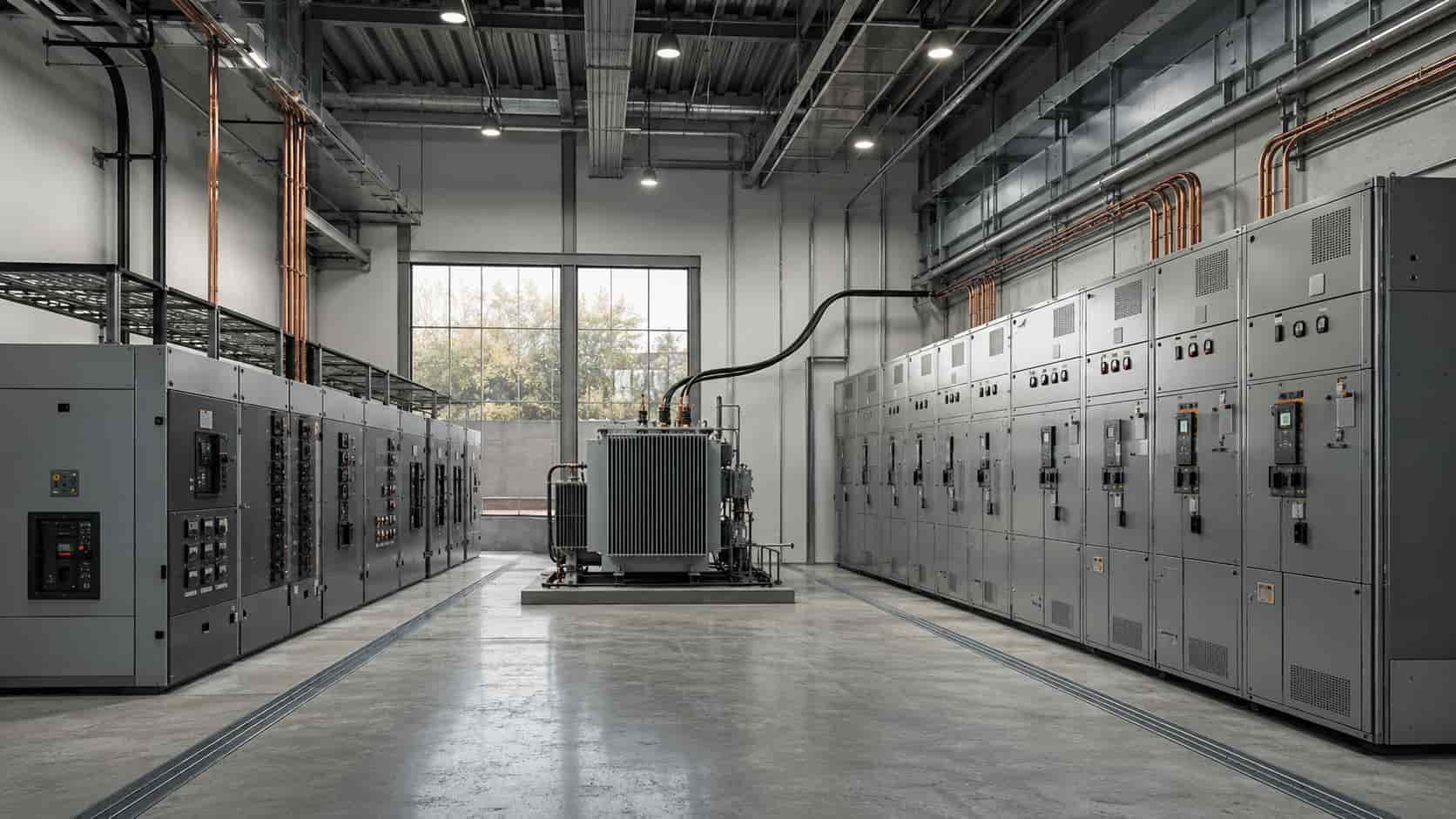 Low voltage and medium voltage switchgear installed on opposite sides of a transformer in a modern electrical distribution room