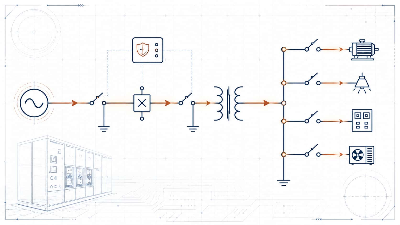 Electrical single line diagram showing power flow through circuit breakers, transformer, busbar and multiple distribution loads