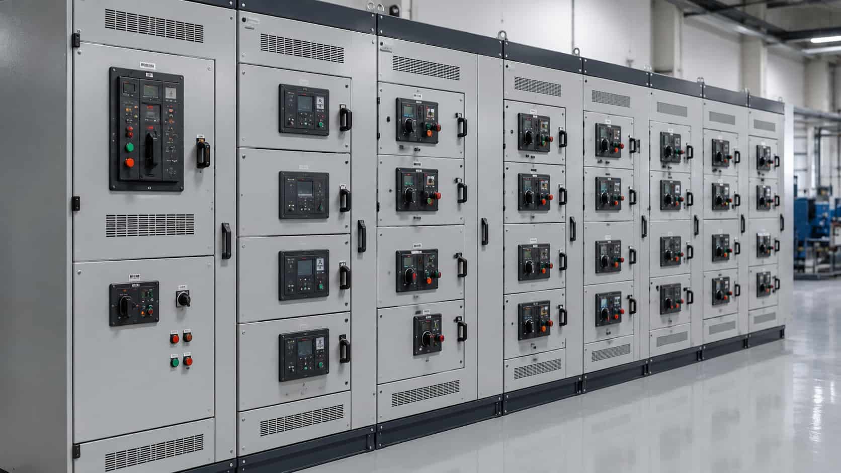 Modern motor control center panel lineup with multiple withdrawable motor control units in an industrial electrical room